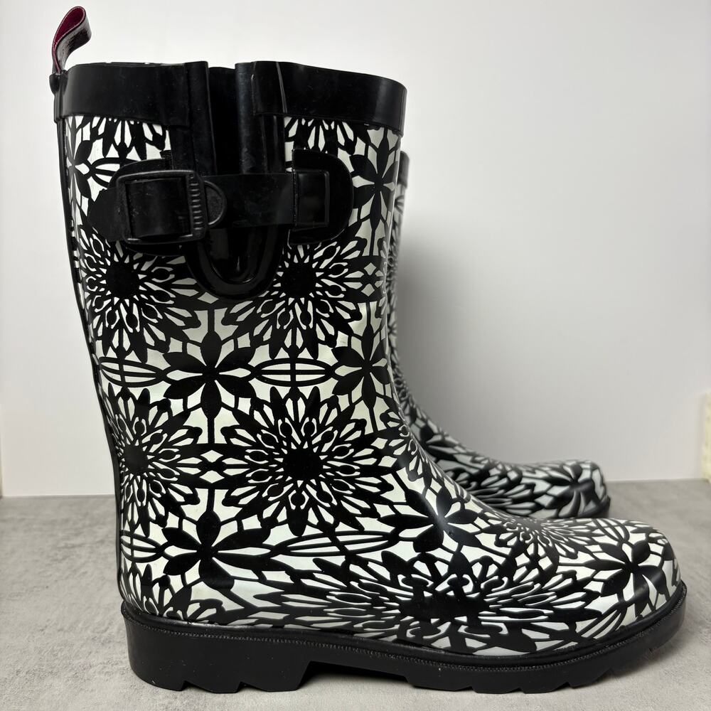 Capelli NY Women's 9 Mid-Calf Rubber Rain Boots Black White Floral Pattern